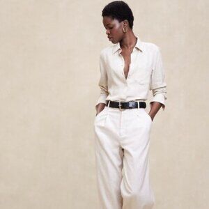 Banana Republic Factory Cream Button-Up Linen Blend Shirt